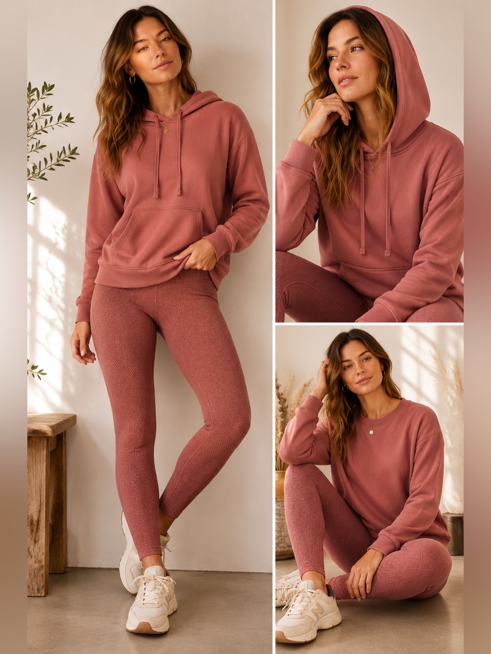 Avia Pink Herringbone Leggings & Sweatshirt with Athletic Works Hoodie Set